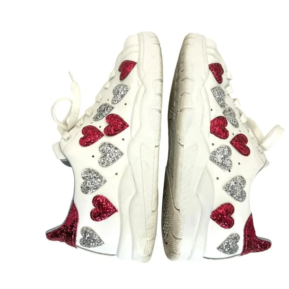 Chiara Ferragni Glitter Heart White Leather Sneakers Pink Silver Lace Up EU 38